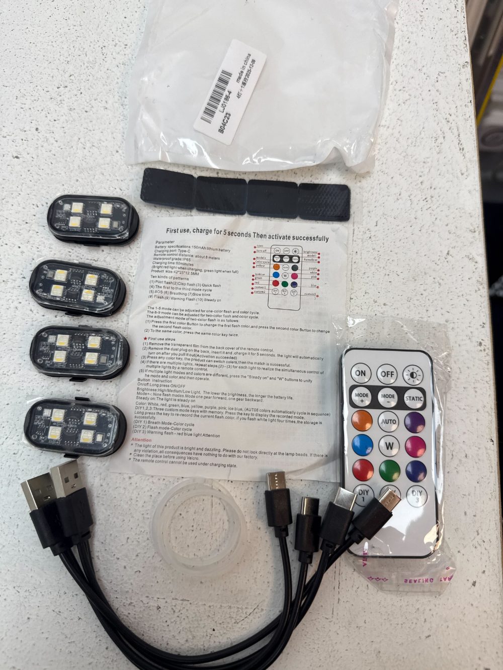 RGB rechargeable LED light kit found in the abandoned parcels lot