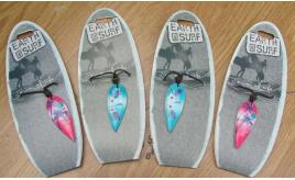 60 x Earth and Surf `Surfboard' shape pendants. Blue and pink