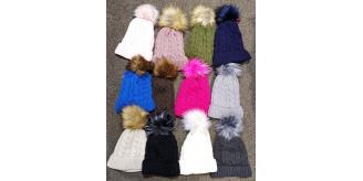 High Quality Women GIrls Cable Knitted Faux Fur Pom Pom Hat Bubble Hat Fleece Lined Winter Warmer -BOX OF 120PCS