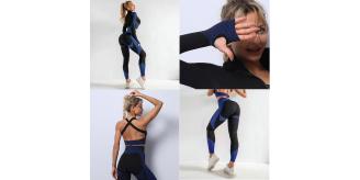 9pc x Anti-Cellulite High Waist Gym Suit Set(Leggings, Sports Bra & Cropped Jacket) 3 sizes l UK SELLER l GCL089Blue&Black