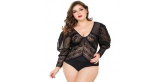 10 x Premium Lingerie Black Lace Long Sleeve Body PLUS SIZE UK 18-22 l UK SELLER l GCL030
