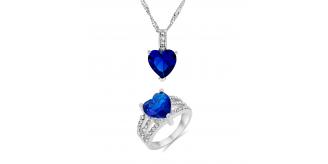 20 pcs - Blue Beautiful Simulated Crystal Elegant Pendant Heart-shaped Necklace and Ring Set - Random Ring Size - Total 10 Sets|GCJ010+GCJ024-Blue-Ran