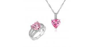20 pcs - Pink Beautiful Simulated Crystal Elegant Pendant Heart-shaped Necklace and Ring Set - Random Ring Size - Total 10 Sets|GCJ010+GCJ024-Pink-Ran