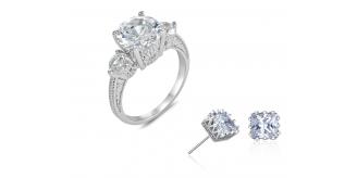 20 pcs - Clear Three Stone Cubic Zirconia Ring and Crown Crystal Stud Earrings - Random Ring Size - Total 10 Sets|GCJ027GCJ122Clear-Random Ring Size|U