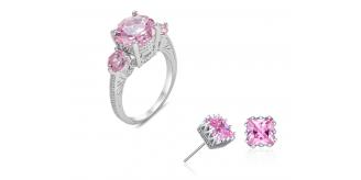 20 pcs - Pink Three Stone Cubic Zirconia Ring and Crown Crystal Stud Earrings - Random Ring Size - Total 10 Sets|GCJ028GCJ122Pink-Random Ring Size|UK 