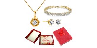 30 pcs - Classy Flower Zircon Crystals Pendant Necklace Earrings and Bracelet Gold Tone Tri-Set With Christmas Gift Box - 10 Sets|GSV004GCJ085GCC004-X