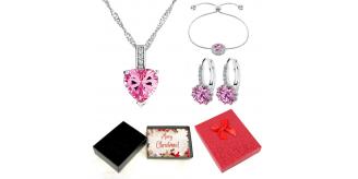 30 pcs - Crystal Pink Sapphire Pendant Necklace Bracelet and Earrings Tri-Set With Christmas Gift Box - Total 10 Sets with 10 Xmas Boxes|GCJ005GCJ024G
