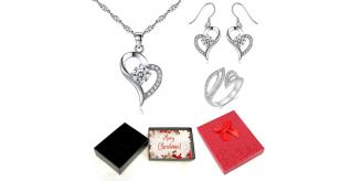 30 pcs - Premium Crystals Heart Pendant Necklace Earrings and Open Ring Tri-Set With Christmas Gift Box - Total 10 Sets with 10 Xmas Boxes|GSV009GCJ03