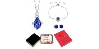 30 pcs - Blue Simulated Sapphire Teardrop Pendant Necklace Bracelet and Earrings Tri-Set With Christmas Gift Box - 10 Sets|GCJ019GCJ525GCC019-Blue-Xma