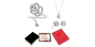 30 pcs - Princess Cut Crystal Pendant Necklace Open Flower Ring and Earrings Tri-Set With Christmas Gift Box - 10 Sets|GCJ087GCC046GCC104-Silver-XmasB