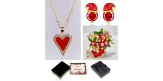 30 pcs - Santa Hat Red Crystal Earrings, Acrylic Heart Pendant Necklace and Stocking Boot Flower Brooch Tri-Set with Christmas Gift Box - 10 Sets|GCJ1