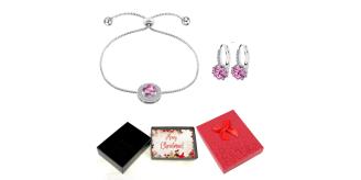 20 pcs - Pink Crystal Adjustable Bracelet and Earrings set with Christmas Message Box -10 Sets|GCJ005GCJ525-Pink-XmasBox|UK SELLER
