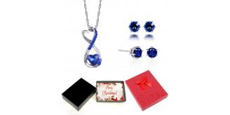 20 pcs - Blue Crystal Love Heart Figure 8 Necklace and Cubic Zirconia Stud Earrings Set With Christmas Message Box -10 Sets|GCJ019GCC096-Blue-XmasBox|