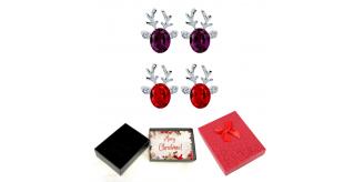 20 pcs - Two Pairs of Christmas Reindeer Crystal Earrings – Purple, With Christmas Message Box -10 Sets|GCJ079-2Pairs-Xmasbox|UK SELLER