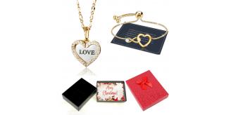 20 pcs - Gold Crystal Open Love Heart Engraved Pendant Necklace and Bracelet Set With Christmas Message Box -10 Sets|GCJ188GCC100-Gold-XmasBox|UK SELL
