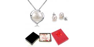 20 pcs - Pearl Heart Crystal Silver Tone Pendant Necklace and Earrings Set with Christmas Message Box -10 Sets|GCJ231GCJ543-XmasBox|UK SELLER