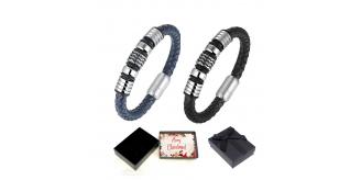 10 pcs - Men’s Genuine “HONOUR” Bracelet in Blue or Black Leather with Titanium Beads With Christmas Box - 2 Colours - 5 Each Colour|GCJ044-Blue