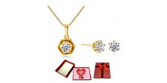 20 pcs - Classy Flower Zircon Crystals Pendant Necklace And Earrings In Gold Tone Set With Valentine Message Box - 10 Sets|GCJ085+GSV004-Gold-Valentin