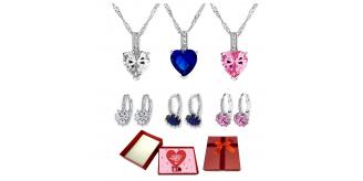 20 pcs - Crystal Simulated Sapphire Pendant Necklace and Earrings Set With Valentine Gift Box - 10 Sets Mixed|GCJ005GCJ024-Clear/Blue/Pink-Valentine B