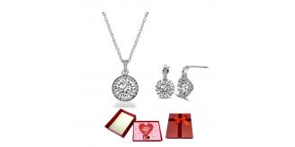 20 pcs - Classy Round Silver Zircon Crystals Pendant Necklace and Stud Earrings Set With Valentine Gift Box - 10 Sets|GCJ142GCC060-Valentine Box|UK SE