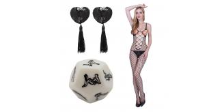 30pcs - Kamasutra Sex Dice, Black Heart-shaped Nipple Tassels And Sexy Fish Net Open Boob Bodystocking Set (Total 10 Sets)|GCAPSET032 (GCL042096AP033)
