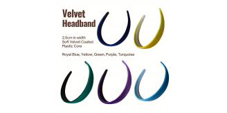 200 Velvet Coated Alice Headband, 2.5cm Width in Royal Blue, Yellow, Green, Purple and Turquoise