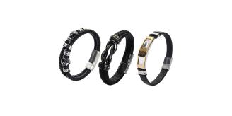 10pcs-Men’s Genuine Black Leather Football Infinity Tree of Life Bracelet With "Love Forever" Engraving - Random|GCJ447,GCJ449,GCJ450-Love Forever|U