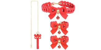 10pcs-Red Leather Handcuffs and Collar Choker Set with Gold Stainless Steel Chain BDSM|GCSM041|UK SELLER