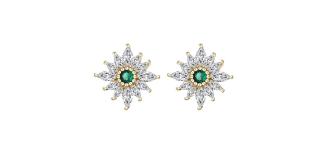 10 Pairs - S925 Sterling Silver Emerald Flower Stud Earrings 14mm with C/Z 14K Yellow Gold Plated|GCJSE121|UK SELLER