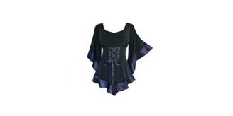 Flared Sleeve Lace Up Tunic, Black with Blue trim