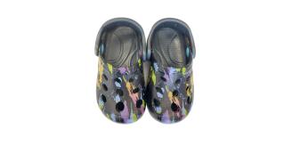 CHILDREN'S CLOGS - BLACK WITH BRIGHT PAINT SPLASH DETAIL, 5 SIZES, 25 UNITS PER JOB LOT