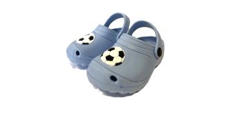 CHILDREN'S CLOGS - LIGHT BLUE WITH FOOTBALL DETAIL, 5 SIZES, 50 UNITS PER JOB LOT