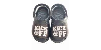 CHILDREN'S CLOGS - BLACK WITH FOOTBALL PRINT DETAIL, 5 SIZES, 50 UNITS PER JOB LOT