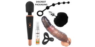 10 Sets- 6-Piece Luxury Couple Play Set-Magic Wand Massager, Fluffy Bunny Tail Metal Plug, Silicone Anal Beads, Textured Penis Extender Sleeve, Dual L