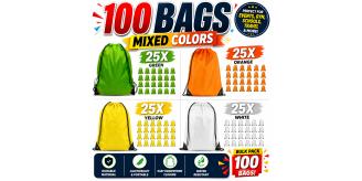 Nylon Drawstring Rucksack Bag 100 Pack Green/ Yellow/ Orange/ White - MIXED COLORS- Ideal for Swimming School Sport Kids Adults Fitness