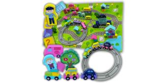 3-in-1 City Blocks Railway 56-Piece Wooden Play Set with Train Track, Play Mat, and City-Themed Building Blocks 