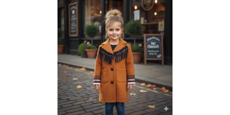 Girls Wool Blend spring/autumn Coat Long Warm Elegant Fringe Overcoat Kids Ages 3-10