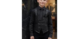 Boys Black Brocade Vest Wedding Waistcoat Ring Bearer Page Boy Formal Party 4-9Y
