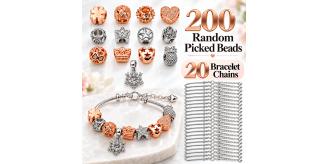 220pc -Random Picked 200 Charm Beads Silver Rosegold Plus 20 Bracelets Chain| GCJ749-Random 200 Beads+20 bracelet