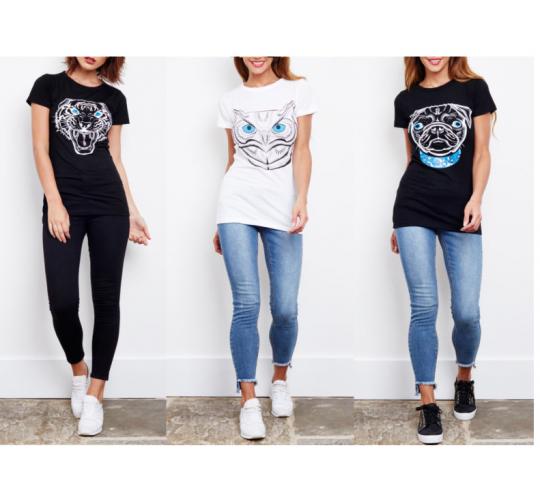 Joblot of 200 Ladies Animal T Shirts Womens Tiger Pug Owl Print