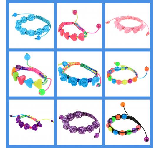 Wholesale Lot Of 50 Mixed Heart, Rose, Flower & Round Bead Fun Acrylic & Cord Ki