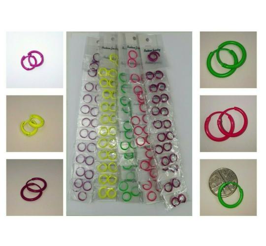 Wholesale Joblot of 60 Pairs Of Ladies Girls Small Hoop Earrings Purple & Neon Yellow & Green