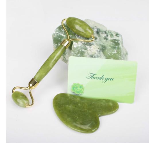 Face Massager, Roller + Gua Shua Board, Gift pack, Green JADE Roller