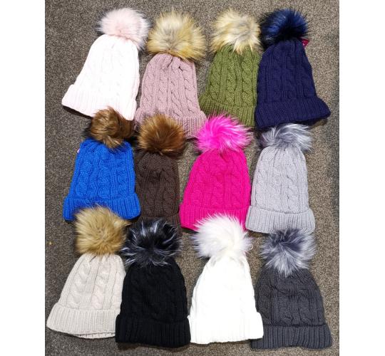 High Quality Women GIrls Cable Knitted Faux Fur Pom Pom Hat Bubble Hat Fleece Lined Winter Warmer -BOX OF 120PCS