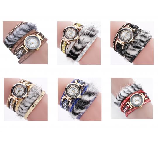Wholesale Joblot of 10 Duoya Ladies Fur Accent Wrap Watches Mixed Colours