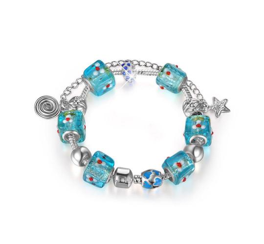 Wholesale Joblot Of 10 Womens Blue Charm Bracelets With Flower Cubes