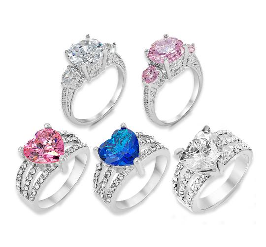 100 x Cubic Zirconia Silver Ring Set High Quality 5 Styles, 4 Sizes (K,M,P,R) , 5pc each size UK SELLER