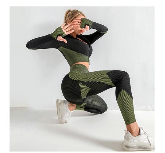 6 Sets -Tri-set Women High Waist Seamless Long Sleeve Yoga Jacket Activewear 3 Sizes |UK SELLER|GCL089-Army Green
