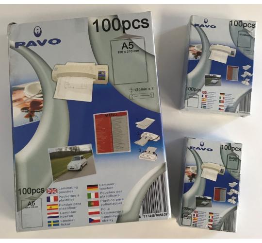 One Off Joblot of 122 Pavo Laminating Pouches in 3 Sizes (Pack of 100)