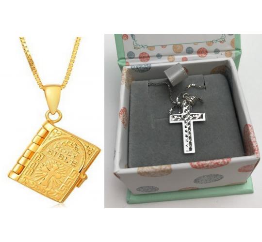 One Off Joblot of 4 MBLife Mini Holy Bible & Silver Cross Necklaces